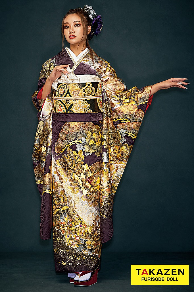 ジャパンモード　茶/ゴールド(金色)　ボタン柄　渋い　カッコイイ　花魁風　ギャル振袖　キラキラスワロフスキー付き　被らない　中村りおん　22044