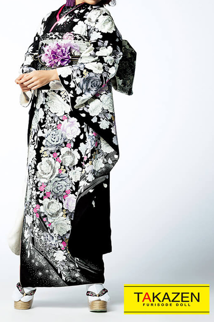 格安モード　黒/白/ピンク　バラ柄　かっこいい系振袖ネットレンタル　地雷系　柄小さめ　#F0116
