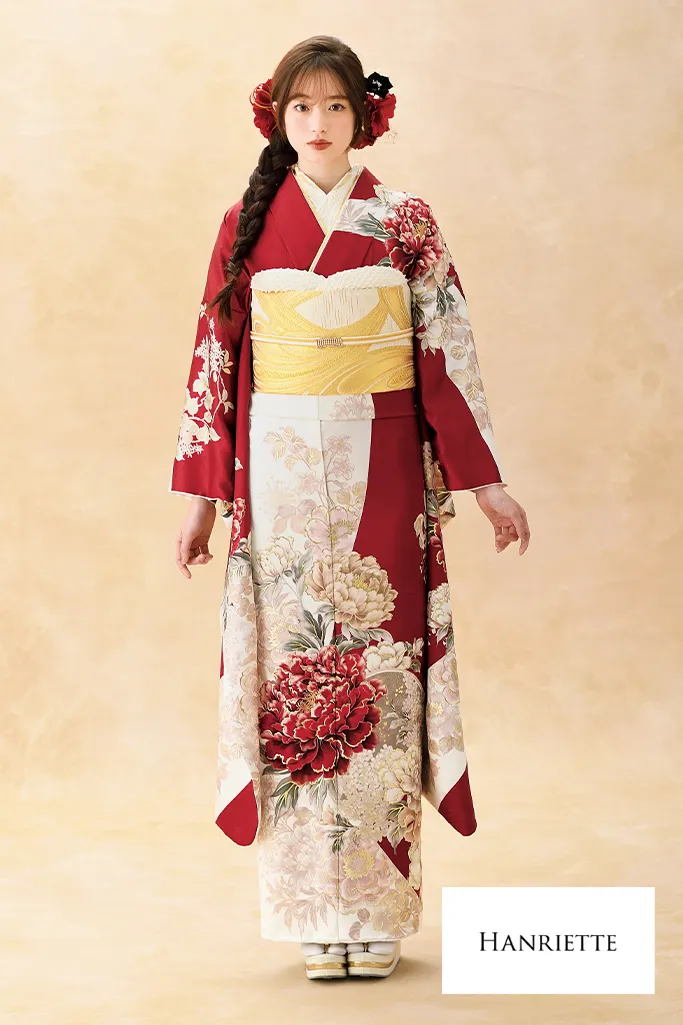 正統派古典　白赤　牡丹柄　人気　王道　清楚　かわいい　振袖ネットレンタル　K1206