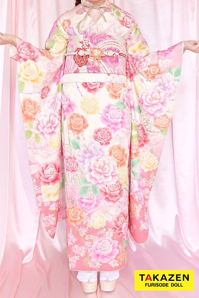 キュートガーリー　白/ピンク/オレンジ　バラ柄　女の子っぽい　ゆるふわ　リズリサ好きにおすすめの振袖ネットレンタル　スワロフスキー付き　32151