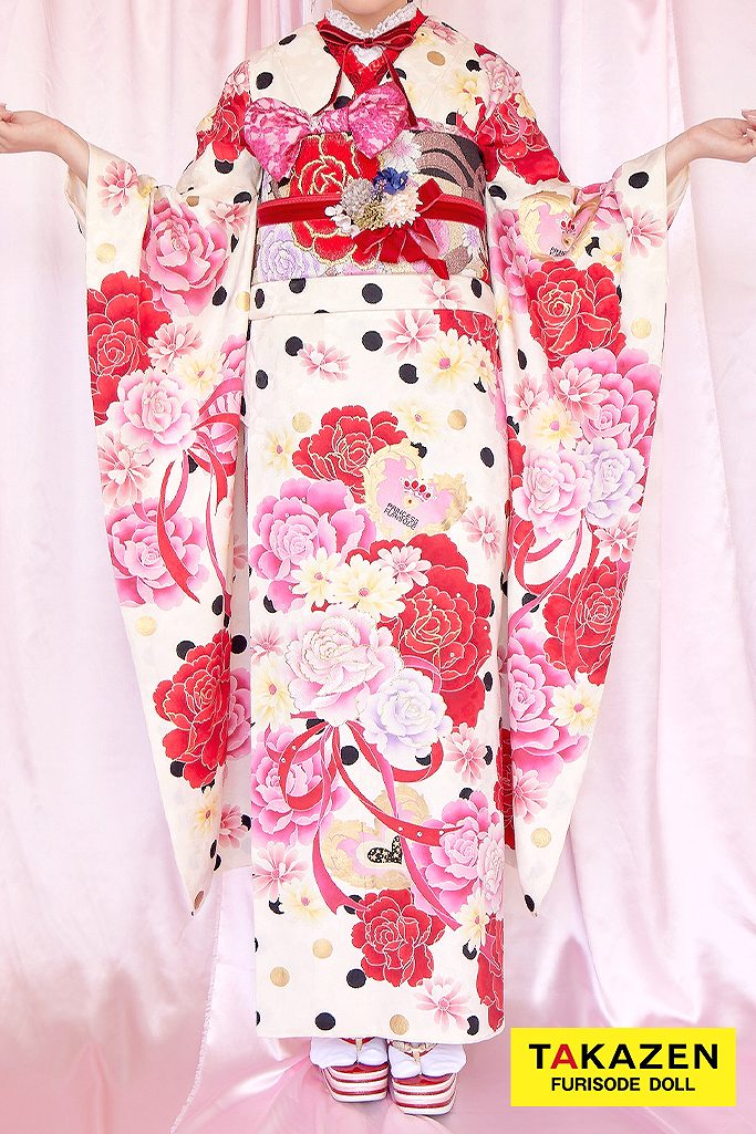 かわいい量産型　白/ピンク/赤　ドット柄/リボン柄　振袖ネットレンタル　被らない　リズリサ風メルヘンコーデ　ラブリー　32160