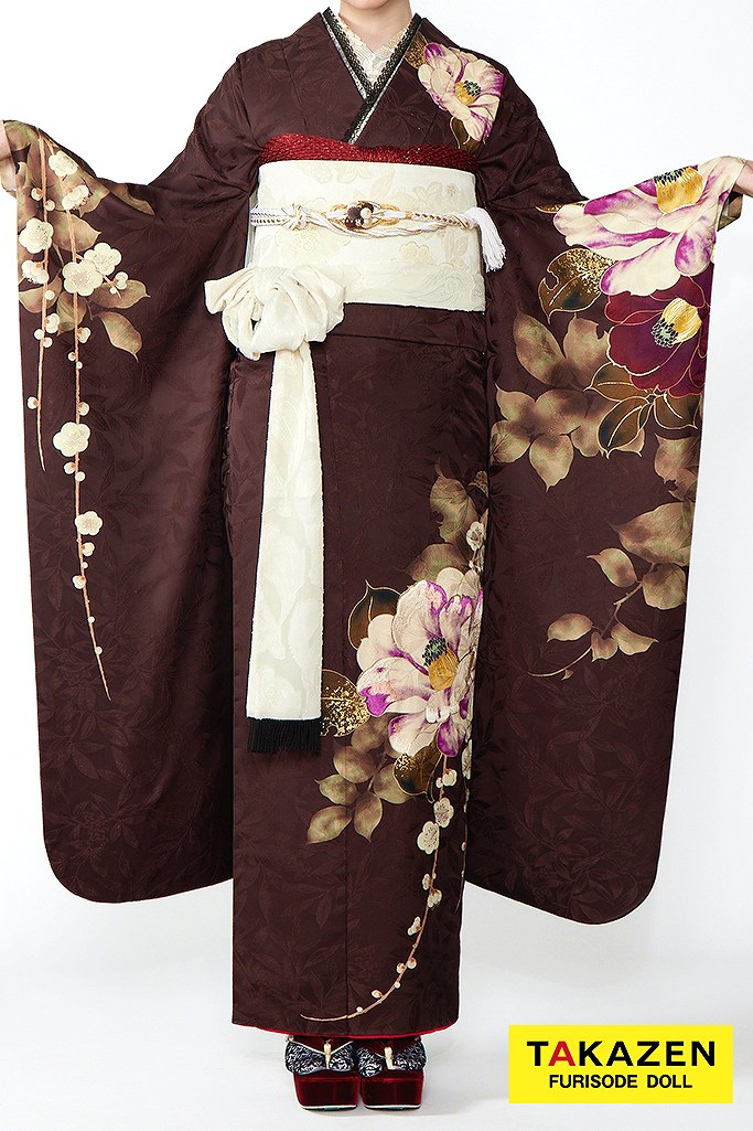 シンプル　ヴィンテージレトロ　ブラウン（茶）ツバキ柄/ワンポイント柄　シック振袖ネットレンタル　大人っぽい　柄少なめ　23040