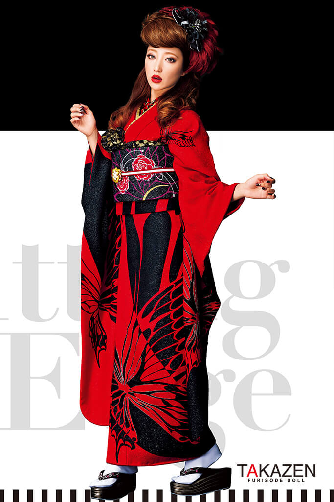 安い　シンプルモード　黒/赤　蝶々柄/大柄　流行り　被らない振袖ネットレンタル　かっこいい　#F0090