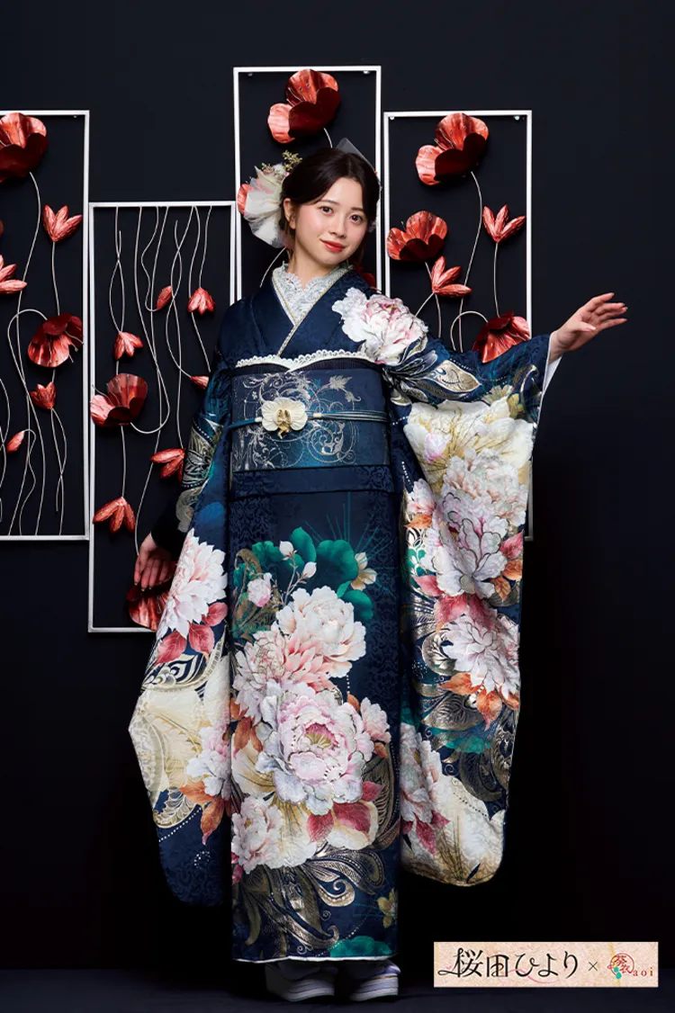 桜田ひよりブランド振袖ネットレンタル　ネイビー　牡丹柄　華やか　綺麗　豪華　K1310