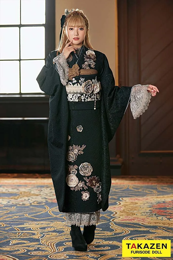振袖 黒 レース ジャガード 立体花 レースインナー