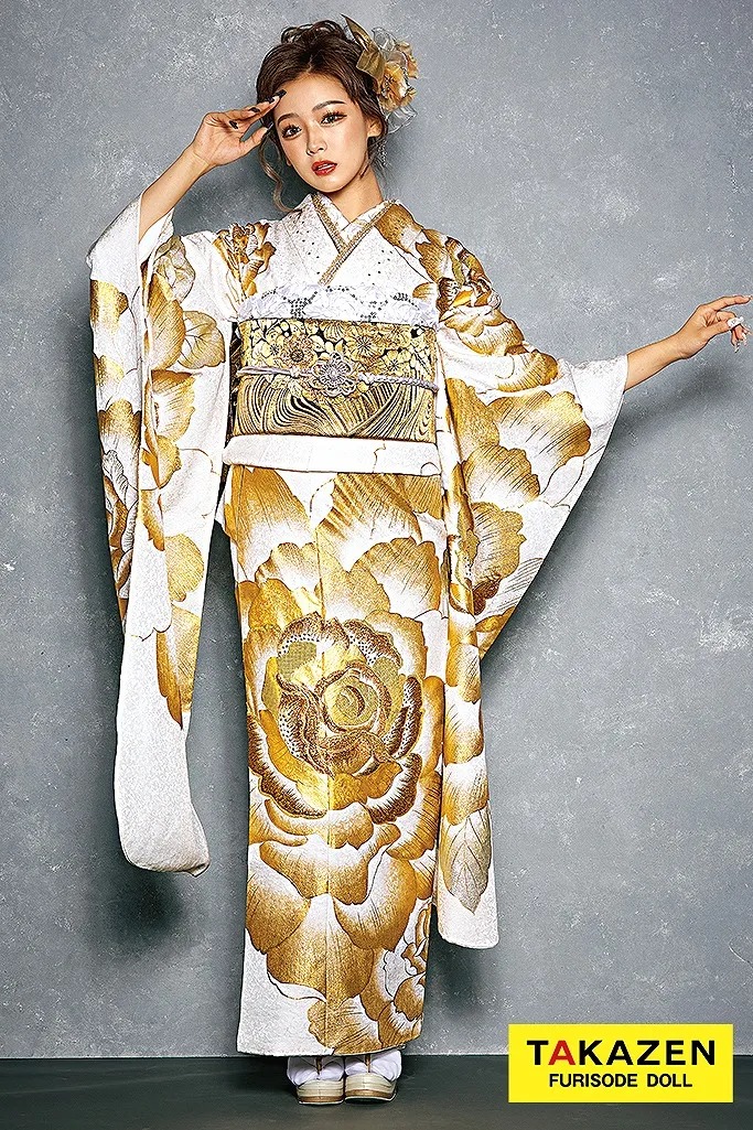 振袖 ネットレンタル モード系 白/金(ゴールド) 薔薇柄/大柄 綺麗め 派手 かっこいい振袖ネットレンタル 人と被らない キラキラスワロフスキー付き