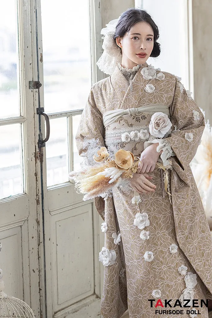 振袖 ネットレンタル 最新作くすみカラーガーリー ベージュ 立体花 レース ジャガード