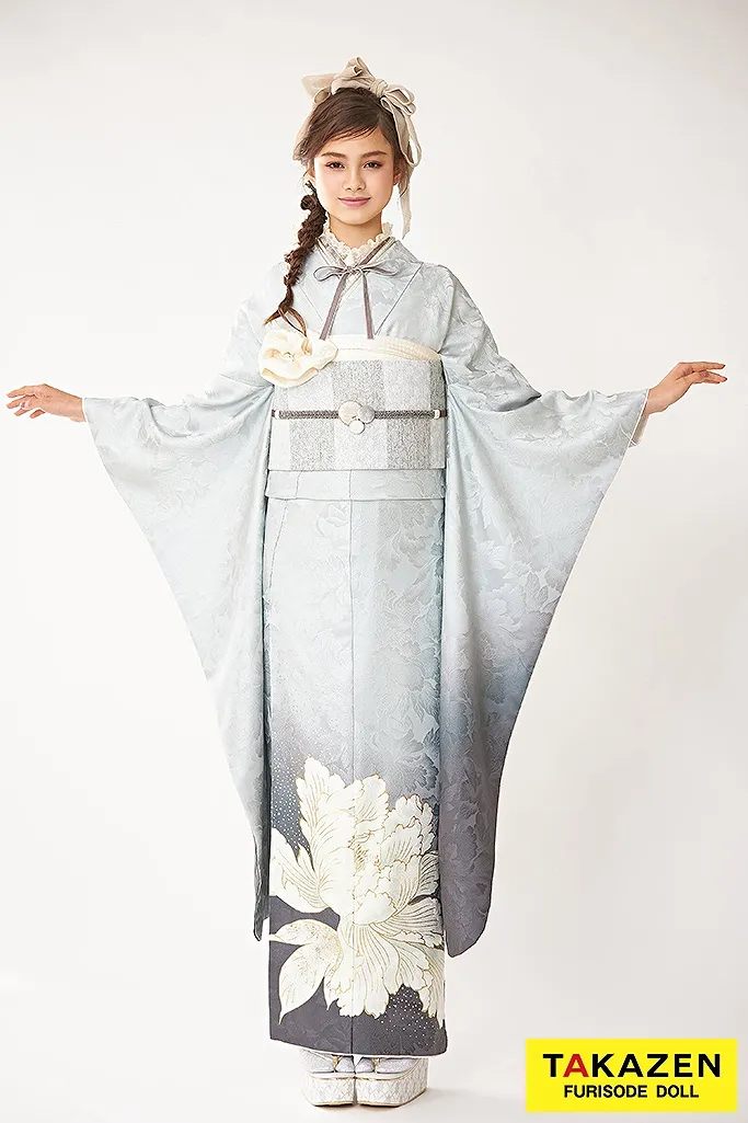 成人式 ネットレンタル最新作くすみカラーエレガント くすみブルー/グラデーション 牡丹柄/ワンポイント柄 シンプル振袖 綺麗 グラデーション