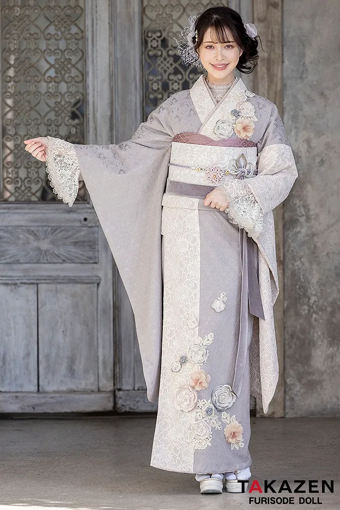 振袖 ネットレンタル 最新作くすみカラーガーリー グレー 立体花 レース ジャガード