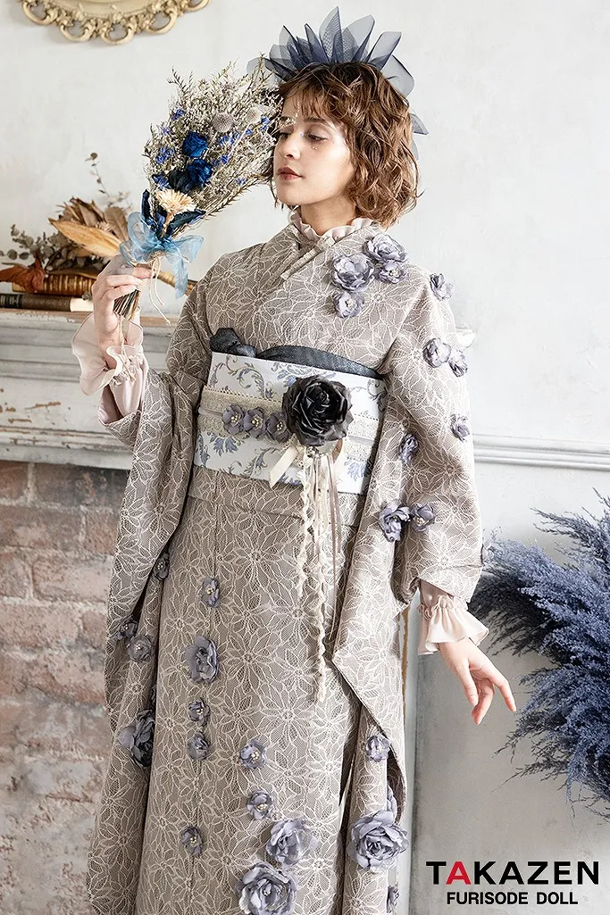 振袖 ネットレンタル カーキ グレージュ 立体花 新作 可愛い