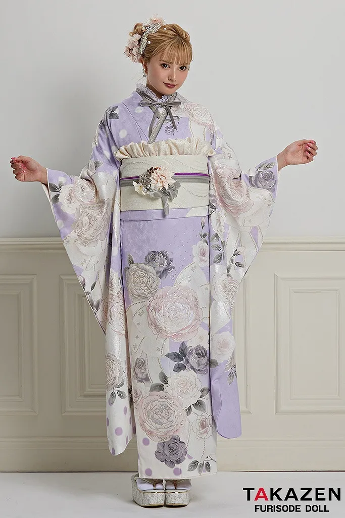 振袖 ネットレンタル 最新作ヘップバーンシャネルカラー 薄紫/ピンク おしゃれな振袖 バラ/リボン柄 スワロフスキー付き セレブ