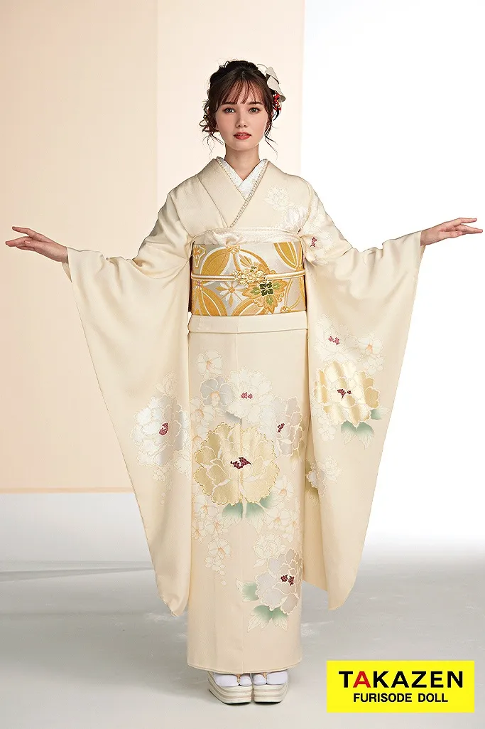 振袖 ネットレンタル 正統派古典 クリーム/金(ゴールド) 牡丹柄 シンプル おしとやか 上品振袖ネットレンタル
