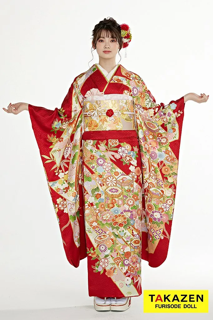 振袖 ネットレンタル 正統派古典 赤/緑 熨斗/貝桶柄 上品振袖ネットレンタル 最高級金彩手描友禅 清楚