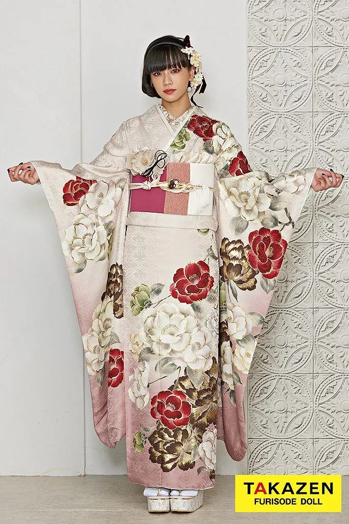 振袖 ネットレンタル くすみピンク/ベージュ/淡い色 椿柄 可愛い アンティーク調 ガーリー