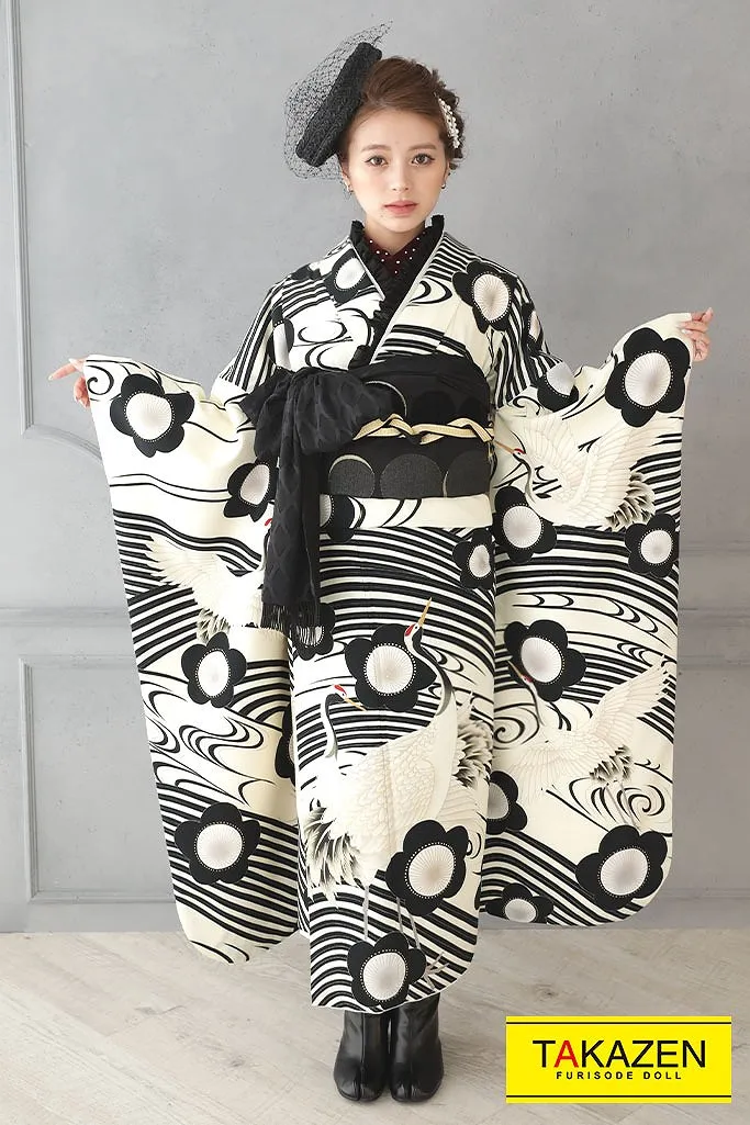フリソデドール 振袖 ネットレンタル 安いレトロ 白/黒 鶴柄/梅柄 おしゃれ モノトーン レトロモダン振袖ネットレンタル ブーツコーデ