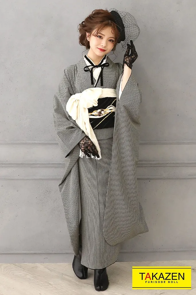 振袖 ネットレンタル レトロモダン グレー 無地/千鳥柄 大正ロマン 個性的振袖ネットレンタル 誰とも被らない ブーツコーデ