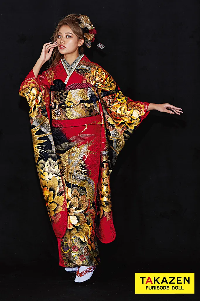 振袖　ネットレンタル　派手　龍柄　赤黒