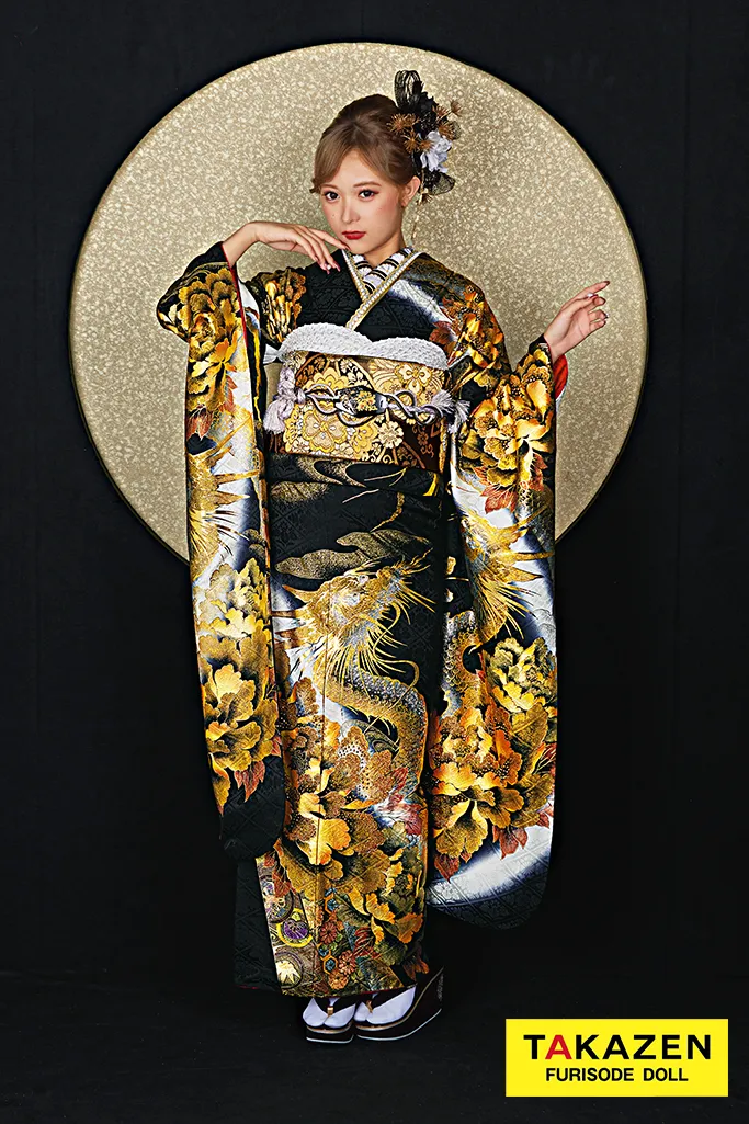 振袖　ネットレンタル　派手　龍柄　赤黒振袖　ネットレンタル　派手　龍柄　黒　金