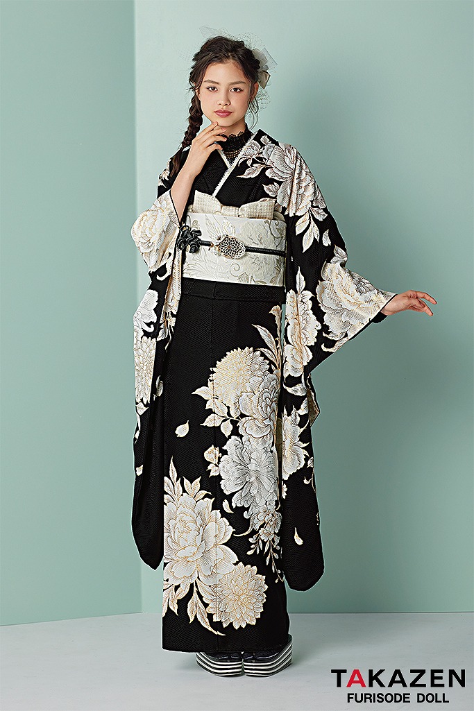 成人式 振袖ネットレンタル くすみカラー 黒 大人っぽい 上品 牡丹柄