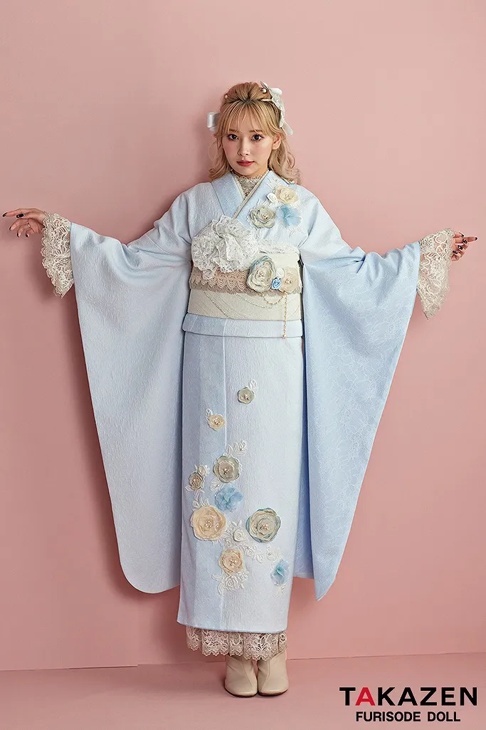 成人式　振袖　ネットレンタル　花　水色　レトロ風　ぴょな　可愛い