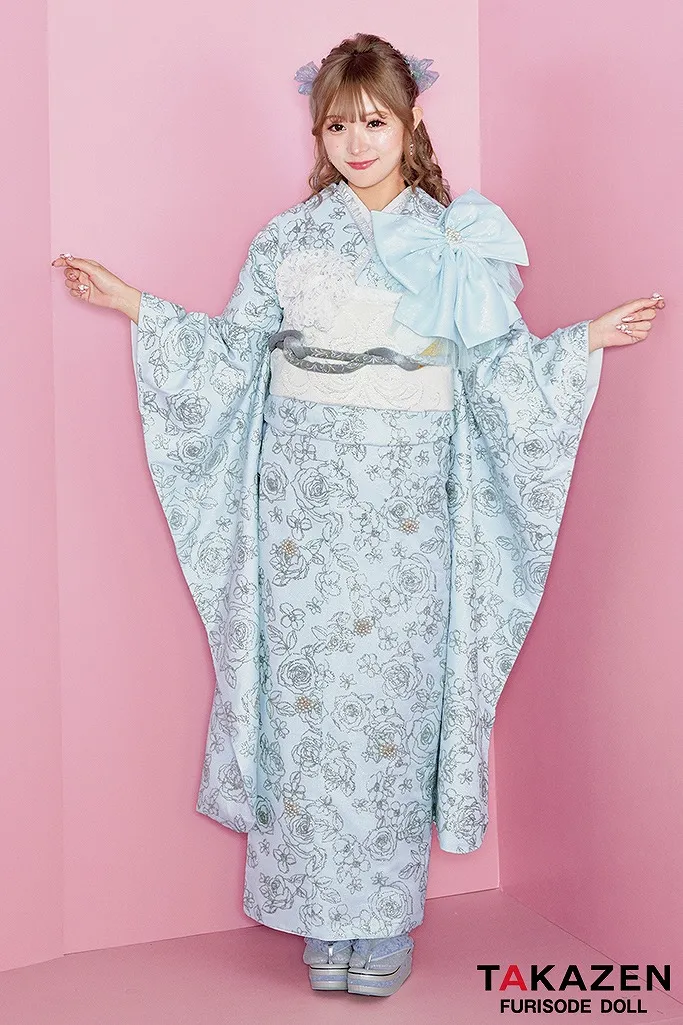 成人式　振袖　ネットレンタル　キラキラ　水色　リボン　可愛い　シュシュ