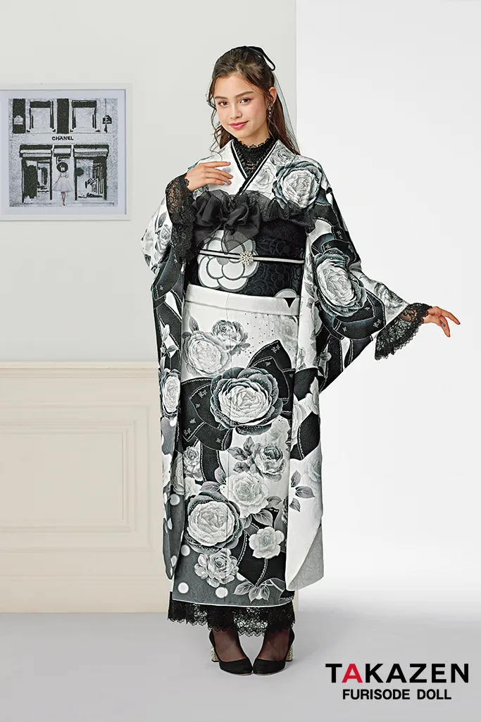 成人式　レンタル　振袖　可愛い　今どき　ヘップバーン　シャネルカラー　黒色の振袖　白色の振袖　ドレス振袖