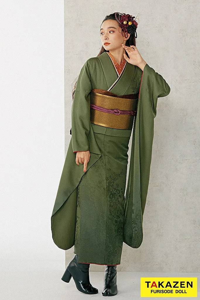 成人式 レンタル 振袖 可愛い 今どき カーキ 無地振袖 オシャレ振袖 人気の振袖