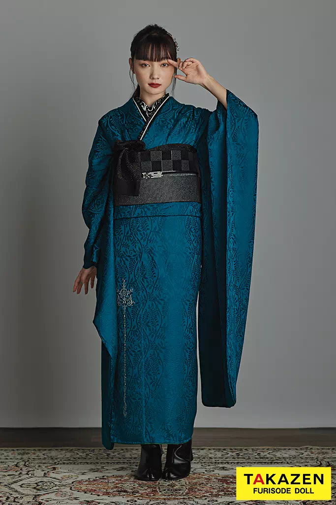 成人式　レンタル　振袖　可愛い　今どき　ターコイズブルー　青色振袖　無地振袖　オシャレ振袖　人気の振袖