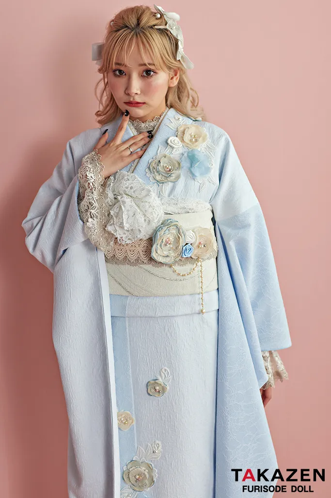 成人式　レンタル　振袖　可愛い　今どき　淡い色　上品　綺麗　キラキラ　ヘップバーン　水色　立体的なお花　レース　ジャガード