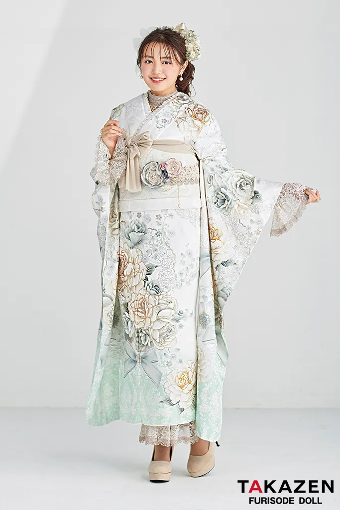 成人式　レンタル　振袖　可愛い　今どき　淡い色　上品　綺麗　ミントグリーン　キラキラ　ヘップバーン