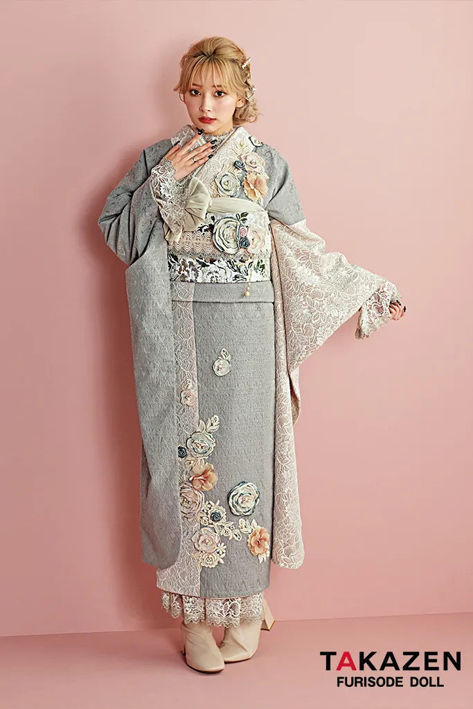 成人式 レンタル 振袖 可愛い 今どき 淡い色 上品 綺麗 キラキラ ヘップバーン グレー レース ジャガード 立体的なお花