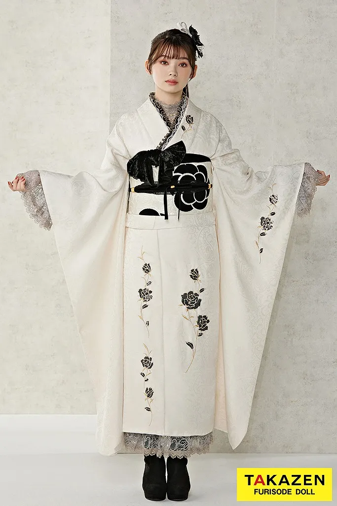 成人式　レンタル　振袖　可愛い　今どき　ヴィンテージ　モノクロ　シミラールック　白黒