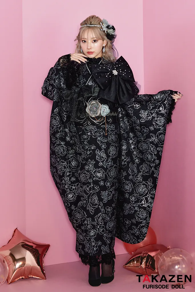 成人式　レンタル　振袖　可愛い　今どき　淡い色　上品　綺麗　キラキラ　ヘップバーン　ブラック　シュシュ　韓国系振袖