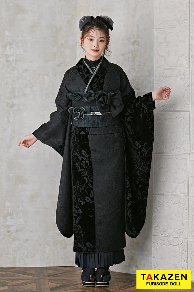 成人式　レンタル　振袖　可愛い　今どき　淡い色　上品　綺麗　ニューくすみレトロ　シック　オシャレ　ブラック　ベロア生地　ジャガード生地