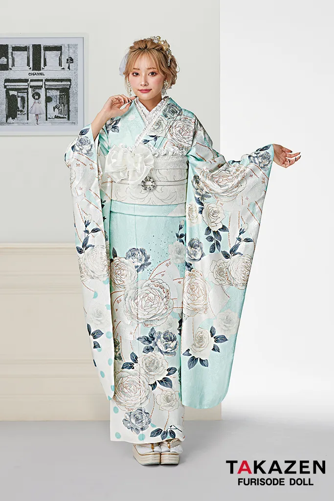 成人式　レンタル　振袖　可愛い　今どき　淡い色　ヘップバーン　誰ともかぶらない　上品　キラキラ　リボン　みずいろ　ブルー