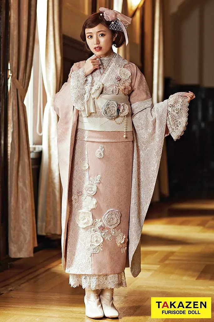 成人式 レンタル 振袖 可愛い 今どき 淡い色 ヘップバーン 誰ともかぶらない 上品 フレンチガーリー レース ジャガード生地 ピンク
