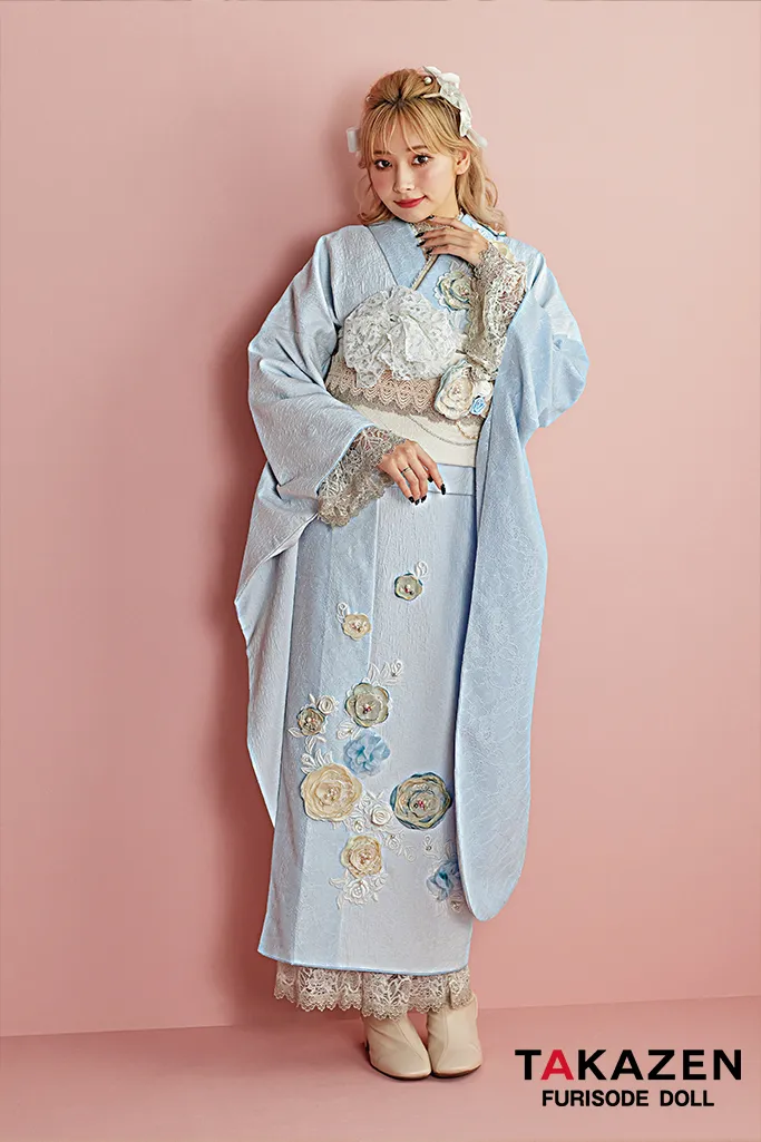 成人式　レンタル　振袖　可愛い　今どき　淡い色　ヘップバーン　誰ともかぶらない　上品　レース　ジャガード生地　立体花　フレンチガーリー　みずいろ　ブルー