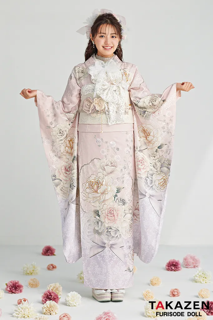 成人式　レンタル　振袖　可愛い　今どき　淡い色　ヘップバーン　誰ともかぶらない　上品　キラキラ　リボン　ピンク