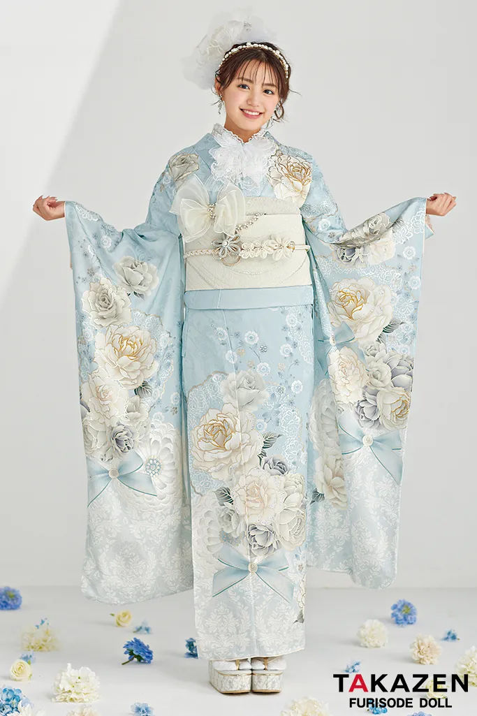 成人式　レンタル　振袖　可愛い　今どき　淡い色　ヘップバーン　誰ともかぶらない　上品　キラキラ　リボン　みずいろ　ブルー