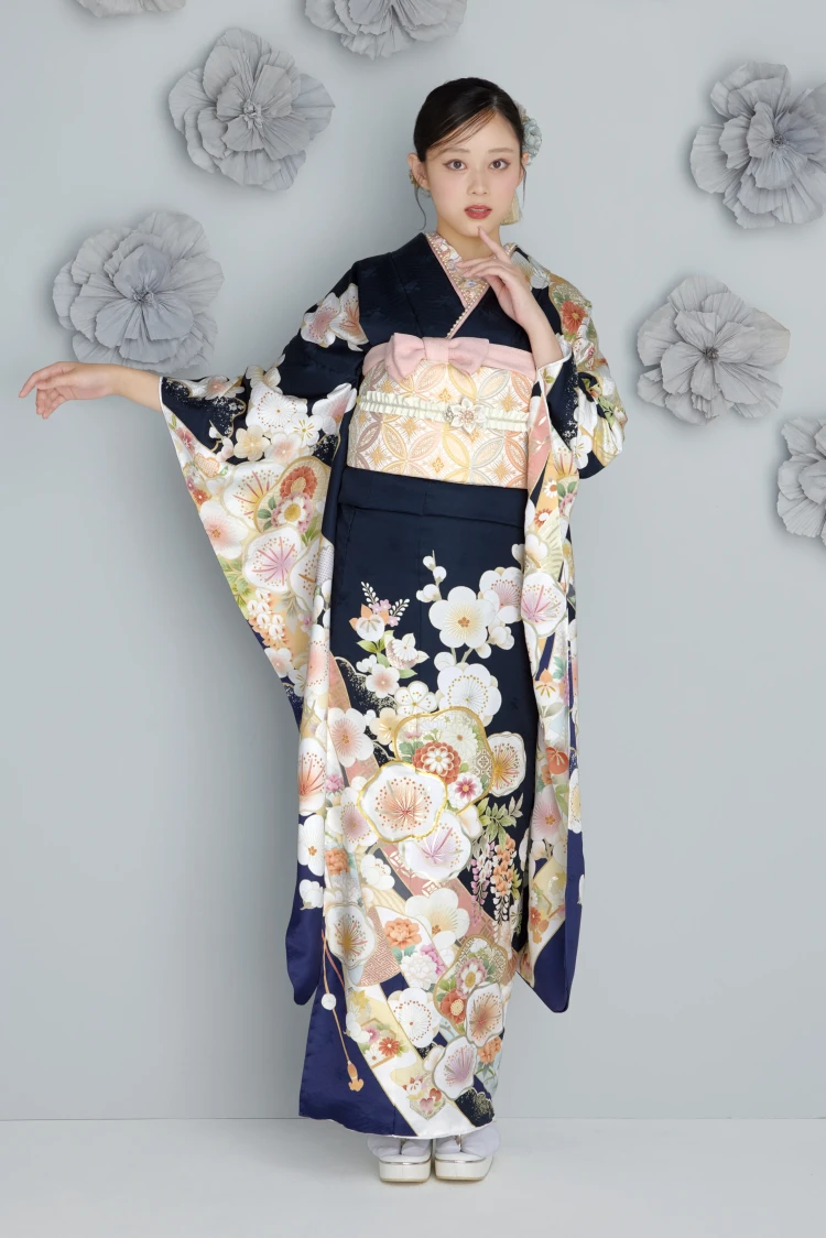 成人式振袖ネットレンタル　くすみカラー　紺